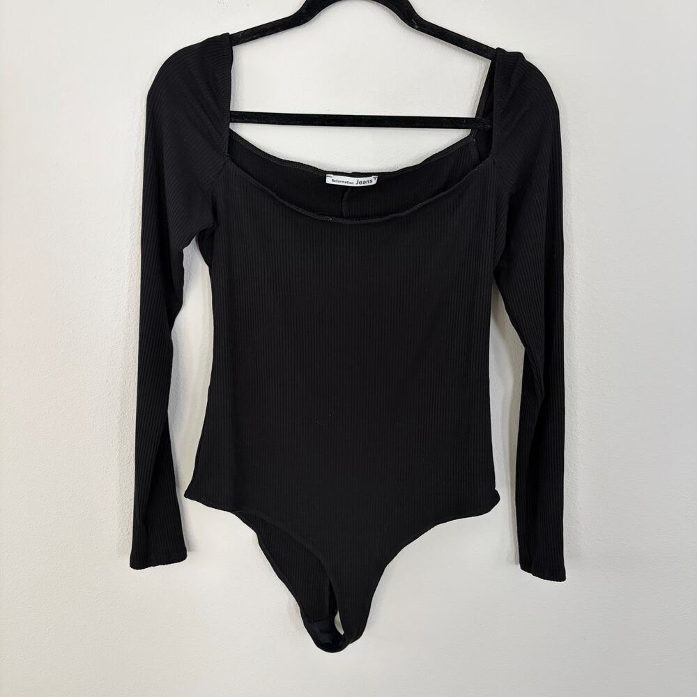 Reformation Black Ribbed Long Sleeve Square Neck Bodysuit (XL)
